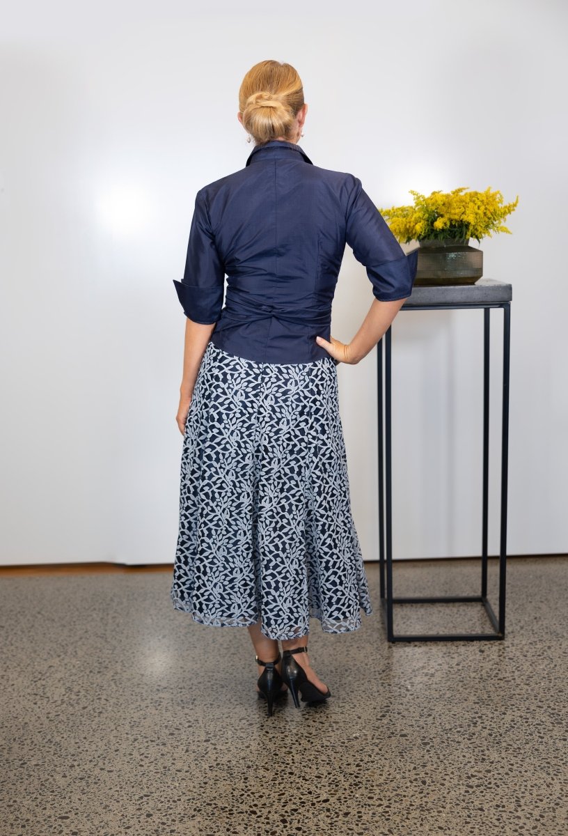 Grace Tea Length Lace Skirt - Midnight Blue and Ivory - Living Silk