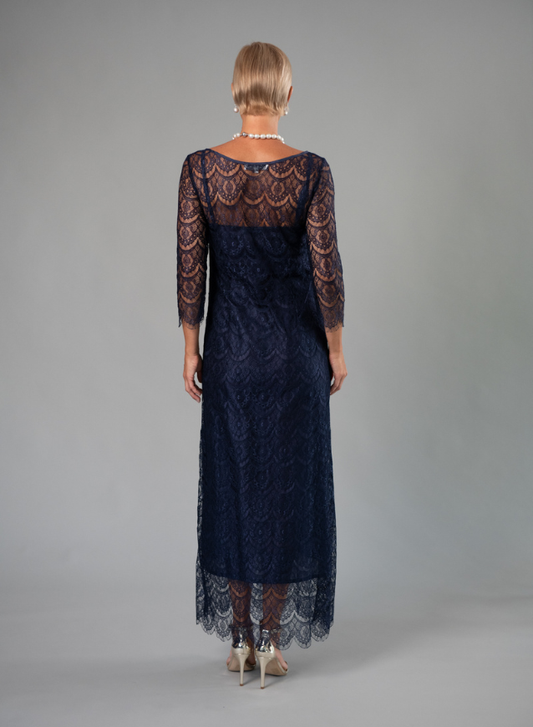Navy lace dress on a gray background