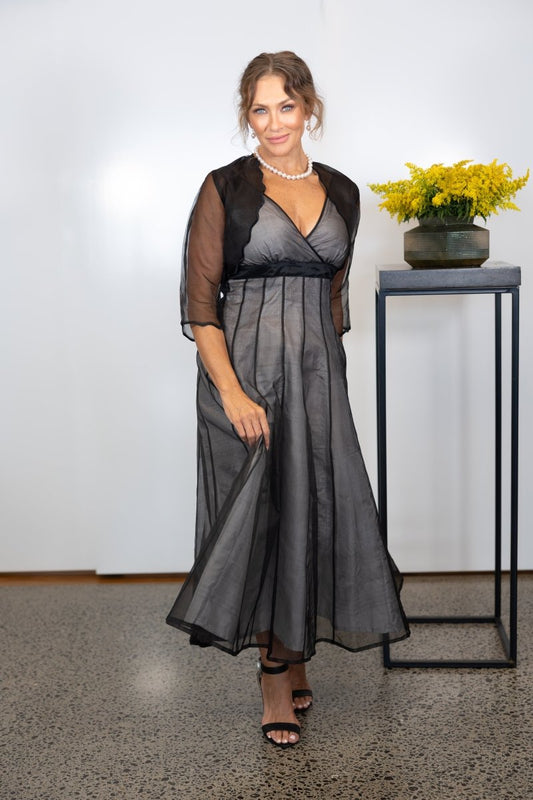 living silk dresses Pure Silk Tea Length Dress for the Mother of the Bride and Mother of the Groom XL / Black