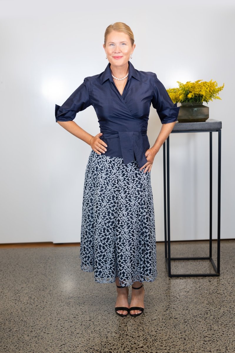 Grace Tea Length Lace Skirt - Midnight Blue and Ivory - Living Silk