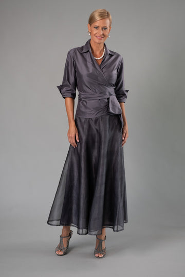 Gunmetal Pure Silk Classic Wrap Shirt and Long Pansy Skirt for the Mother of the Bride / Groom from Living Silk